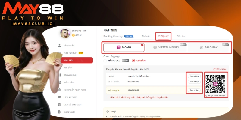 Chuyển tiền vào ví game theo hướng dẫn như hình